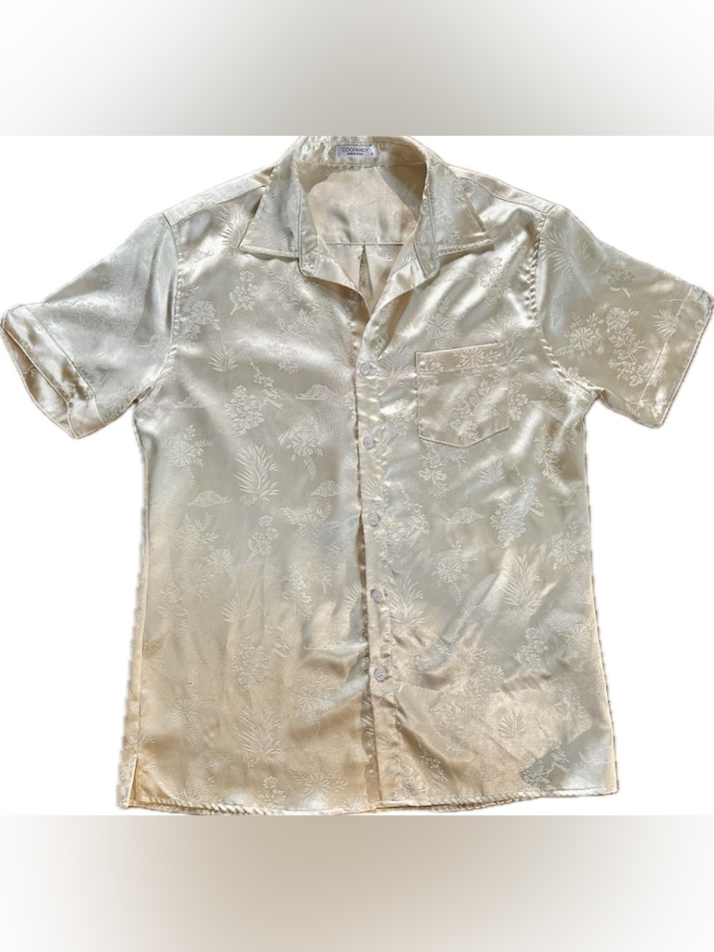 Satin Shirt Floral Button Down Men’s Small Cream Jacquard Wedding Party COOFANDY - Picture 2 of 8